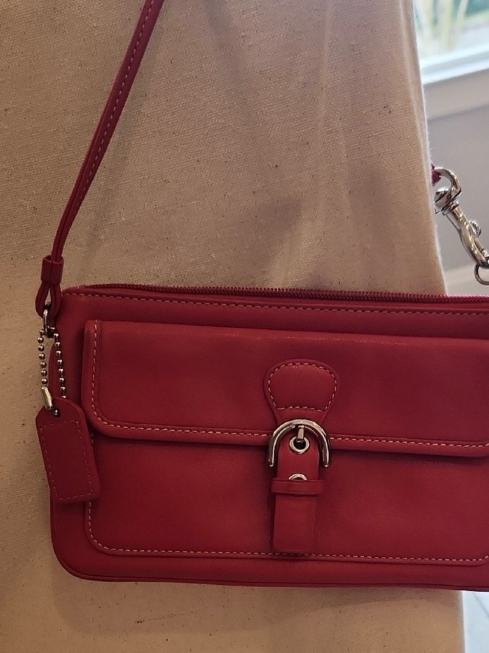 Coach Red Leather Crossbody with Front Buckle Accent